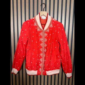 Conditions Apply Jacket Small Womens Red Woven Button Cotton Yarn